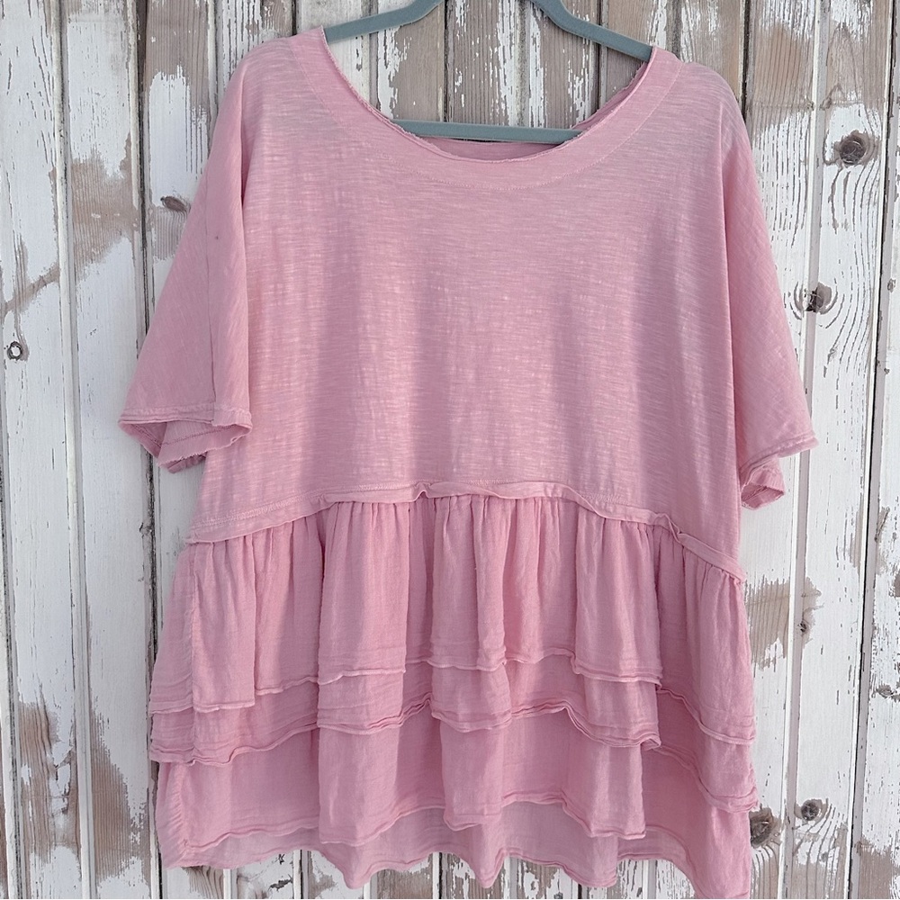 Evy’s Tree pink layered ruffle short-sleeve top, “The Marcia”, size XL